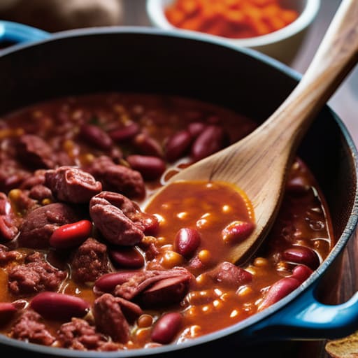 Pot of hearty beef and bean chili.